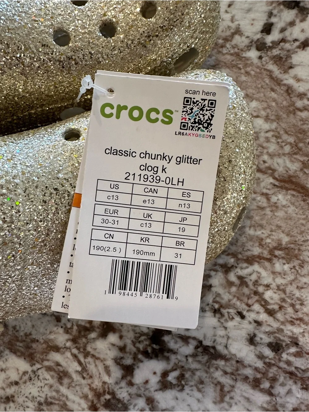 NWT Crocs Classic Chunky Gold Glitter Clog Size 13